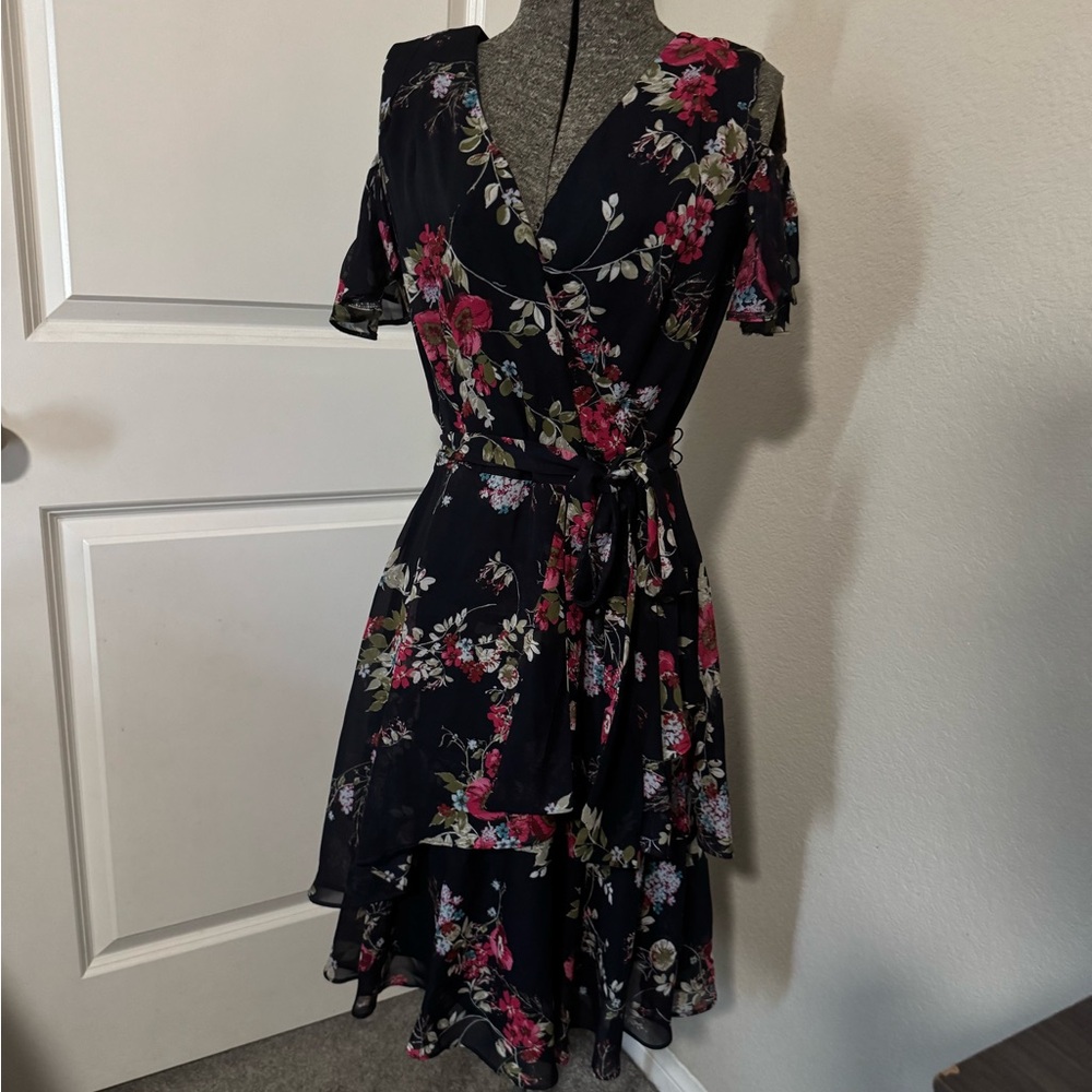 Floral Wrap Dress - Navy and Pink